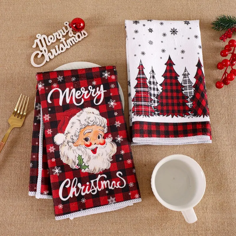 2pcs Christmas Kitchen Towels Buffalo Plaid Xmas Hand Towels Christmas Decorations for Home 2025 Navidad Noel Dish Towels Gifts - Image 6
