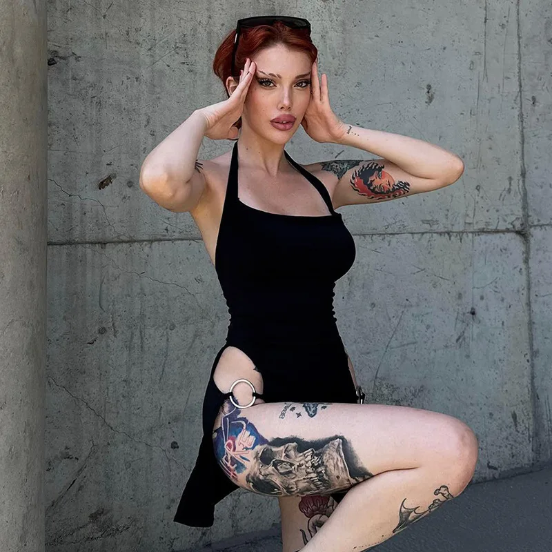 New Solid Color Sling Mini Dress Metal Buckle HollowHip Deep Split Metal Circle Decoration Hottie Girls Spicy Clubwear Street - Image 6