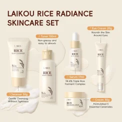 LAIKOU Rice Skincare Set Anti-aging Firming Eye Cream Cleanser Cream Essence Face Cream Rice Toner Deep Moisturize Face Care Set