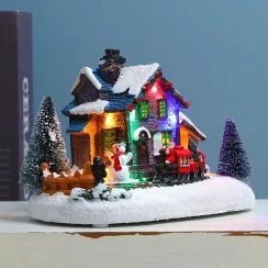 Christmas Ornament Resin Snowy Xmas Scene Houses Figurine Animated Winter House Scenes Christmas Village Decoration For Kids