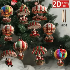 10Pcs Christmas Wooden Hot Air Balloon Santa Claus 2D Flat Wooden Pendant Christmas Tree Decoration Perfect Holiday Gift Decor
