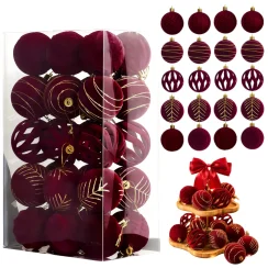 30PCS 6CM Velvet Red Christmas Balls Merry Christmas Spheres Pendant Flocked Christmas Tree Ornaments New Year Gifts Home Decor
