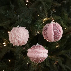 1PCS 8CM Pink Fluffy Christmas Ball Ornaments Plush Hanging Ball Ornaments for Christmas Tree Decoration