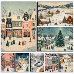 Cozy Winter Snowy Christmas Village Holiday Landscape Poster Canvas Painting Wall Art Pictures Home Farmhouse Decor