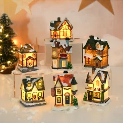 Christmas LED Light Ornaments Micro Landscape Resin House Christmas Atmosphere Lights Village Figurines Merry Xmas New Year Noel