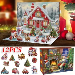 12Pcs Acrylic Diamond Painting Gift Box Kit Wooden Christmas Advent Ornament Kits Diamond Painting Wall Decors for Party Favors