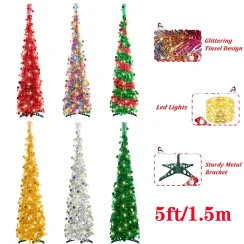 5ft/1.5m Glittering Artificial Christmas Tree,Pre-Lit Coastal Glitter PVC Tinsel Pencil Tree For Home Holiday Christmas Decor