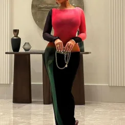 Sisterlinda Gradient Color Dress Women Sexy Patchwork o-Neck Full Sleeve Peach Hip Elegant Simple Evening Prom Party Bodycon