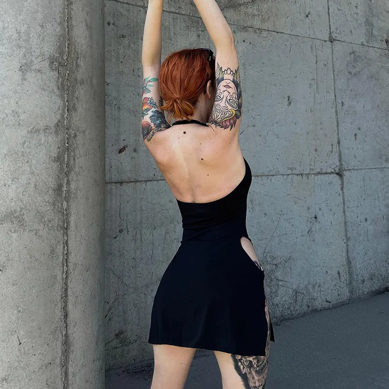 New Solid Color Sling Mini Dress Metal Buckle HollowHip Deep Split Metal Circle Decoration Hottie Girls Spicy Clubwear Street - Image 5