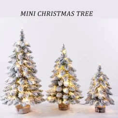 Mini Fake Christmas Tree Sculpture Snow Flocked Christmas Tree Plush Tree Enthusiast with LED Lights for Christmas Themed Partie
