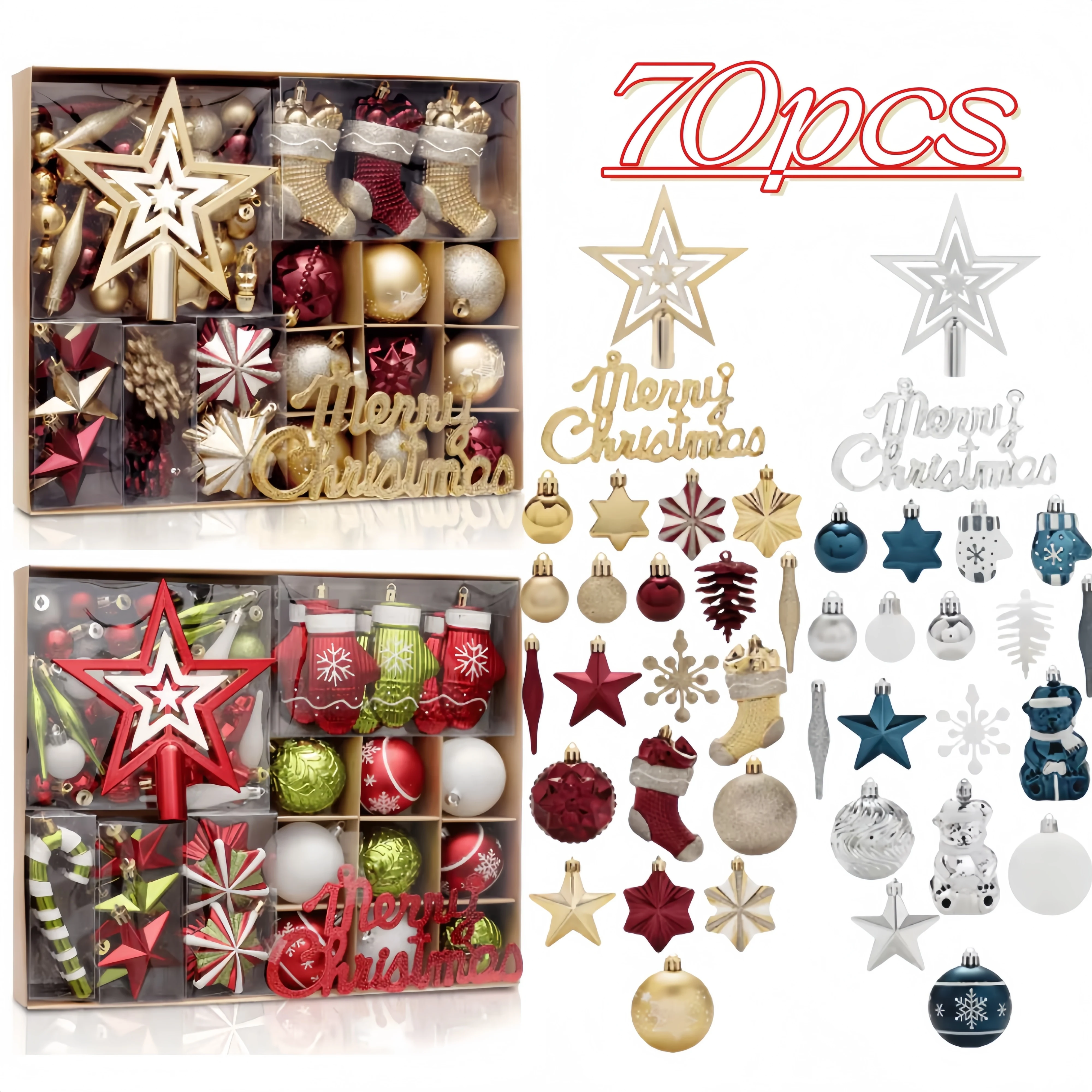 70PCS Multi Size Christmas Ball Set Stars Socks Scepter Round Xmas Ball Santa Tree DIY Ornaments 2025 New Year Xmas Gifts Decor