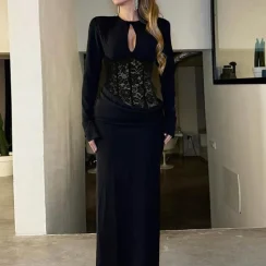 Sisterlinda Chic Hollow Maxi Dress Women o-Neck Patchwork Jacquard Fake Fish Bone Decoration Folds Skinny Elegant Party Vestidos