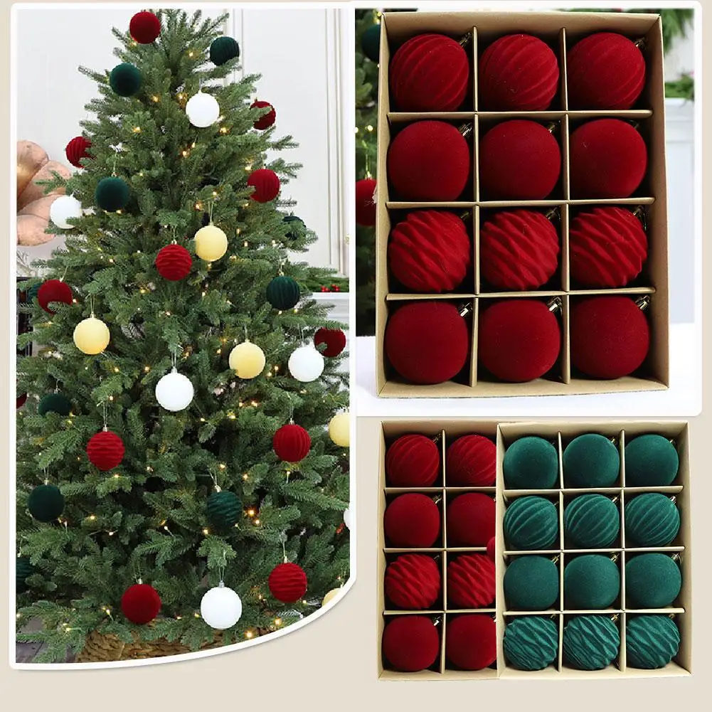 12Pcs Christmas Ball Ornaments Solid Flocked Velvet Balls For Xmas Tree Decorations Home Xmas Party Navidad Wine Red