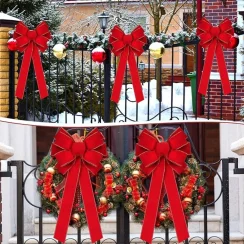 Red Christmas Bows Outdoor Decorations Large Christmas Tree Top Bow Velvet Wreath with Glitter Gold Edge Front Door Decoration