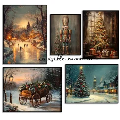 Vintage Christmas Winter Town Ice Skating River Village Landscape Art Poster Canvas Painting Wall Print Picture Room Home Decor