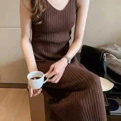 Autumn Winter Suspender Women's Dress New Fashion Sleeveless Lady Elegant Office Knit Clothes Sexy Slip Dress for Women