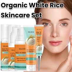 Organic White Rice Skincare Set Moisturizing Brighting Smoothing Fine Lines Facial Cleansing Eye Cream Cleanser Toner Rice Kit