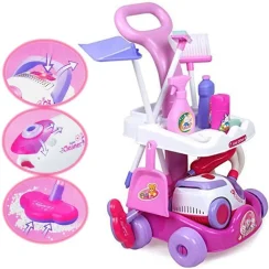Housekeeping Cleaning Trolley Playset Caddy Includes Accessories and Toy Vacuum with Sounds and Lights Pretend Play for Girls
