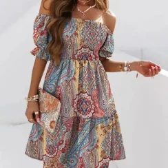 Women's Summer Short Sleeved Loose Bohemian Print Off Shoulder Pleated Mini Dress Party Dress Fashion