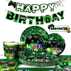 Video Game Party Supplies, 66pcs Tableware Set-Video Game Plates and Napkins,Cups Table Cloth Banner etc for Boys Kids