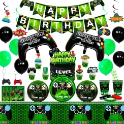 Video Game Birthday Party Decorations for Boys,132pcs Birthday Decorations&Tableware Set-Plates Cups Napkins Tablecloth Balloons