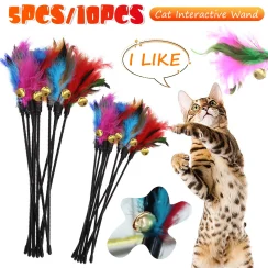 Interactive Cat Toy Self-hi Game for Cats Feather Teaser Stick with Bell Cat Teaser Stick Collar Kitten Playing Pet Accessories
