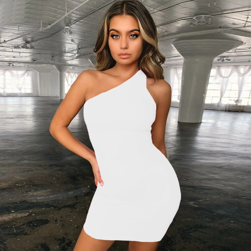 New Black One Shoulder Club Party Sexy Dress Summer Women Sleeveless Bodycon Mini Dresses Plus Size Vestido White Casual Dress - Image 4