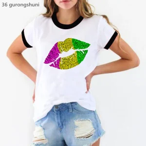 Mardi Gras Sexy Lips Print T-Shirt Women Pink Leopard Summer Tshirt Femme Harajuku Shirt Aesthetic Clothes Short Sleeve T Shirt