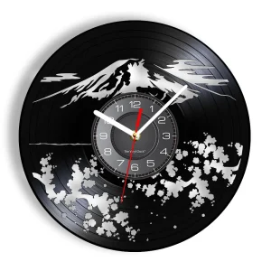 Fudziyama Sakura Mount Snow Mountain Music Vinyl Record Wall Clock Japan Landmark Travel Home Decor Cherry Blossom Silent Clock