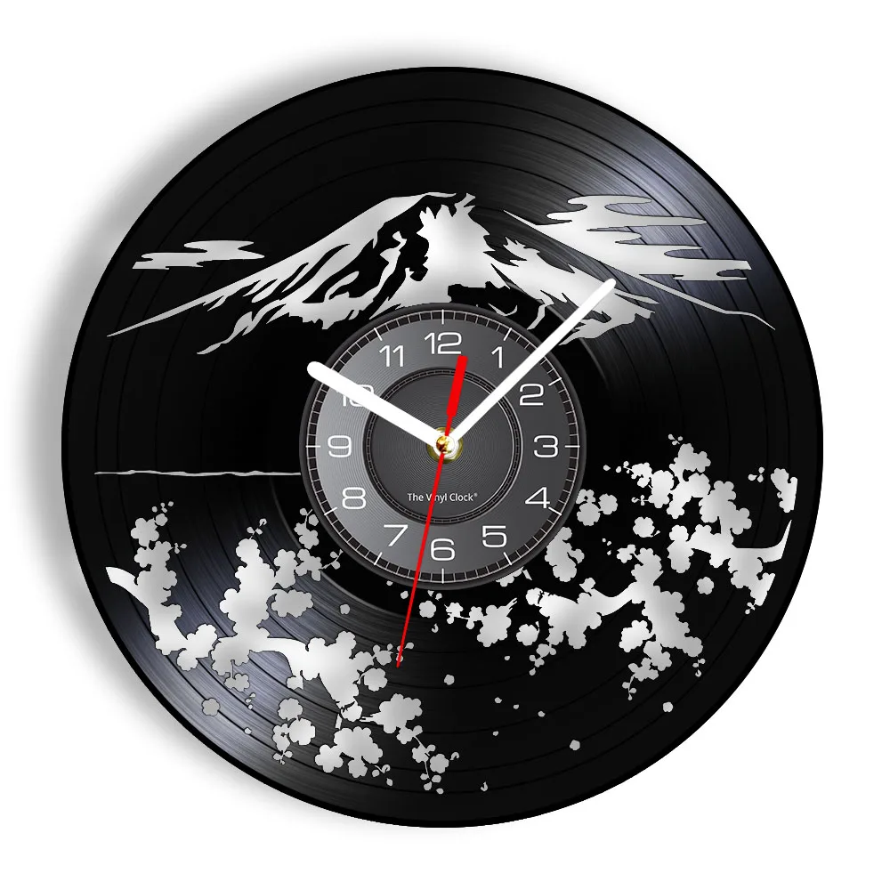 Fudziyama Sakura Mount Snow Mountain Music Vinyl Record Wall Clock Japan Landmark Travel Home Decor Cherry Blossom Silent Clock