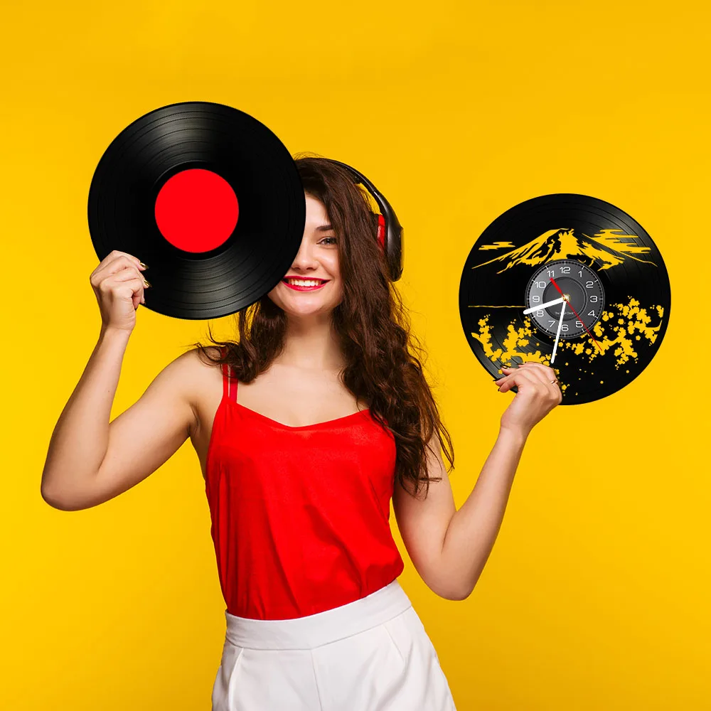 Fudziyama Sakura Mount Snow Mountain Music Vinyl Record Wall Clock Japan Landmark Travel Home Decor Cherry Blossom Silent Clock - Image 6