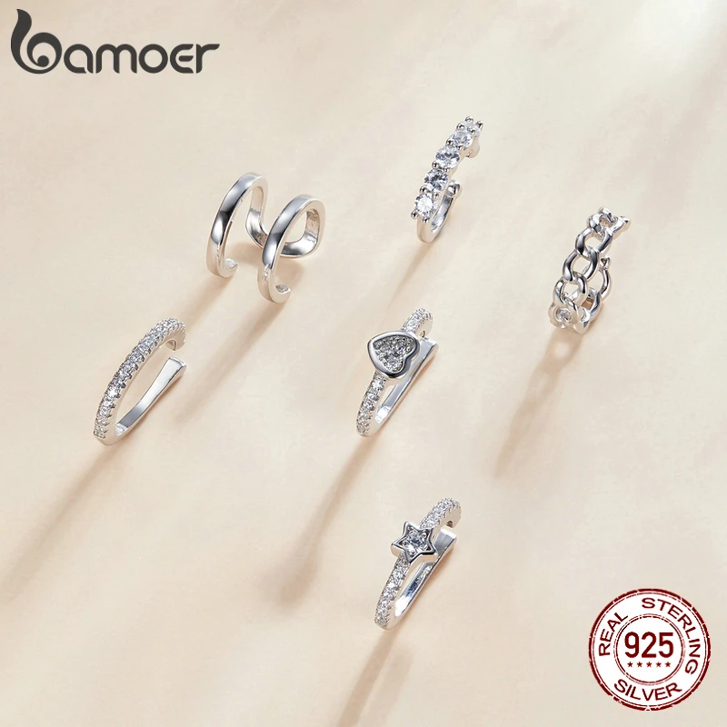 bamoer Mono-earring Silver Simple Ear Clip Earring 925 Sterling Silver Whilte Zircon Earring Gift for Girl Fine Jewelry SCE1022 - Image 3