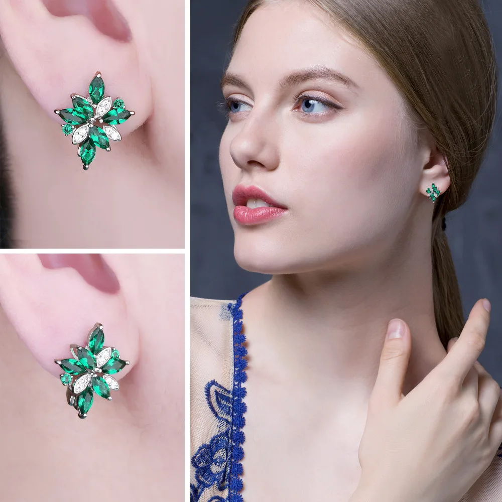 JewelryPalace Flower 2.4ct Green Simulated Nano Emerald 925 Sterling Silver Dangle Clip Earrings for Women Gemstone Jewelry - Image 3