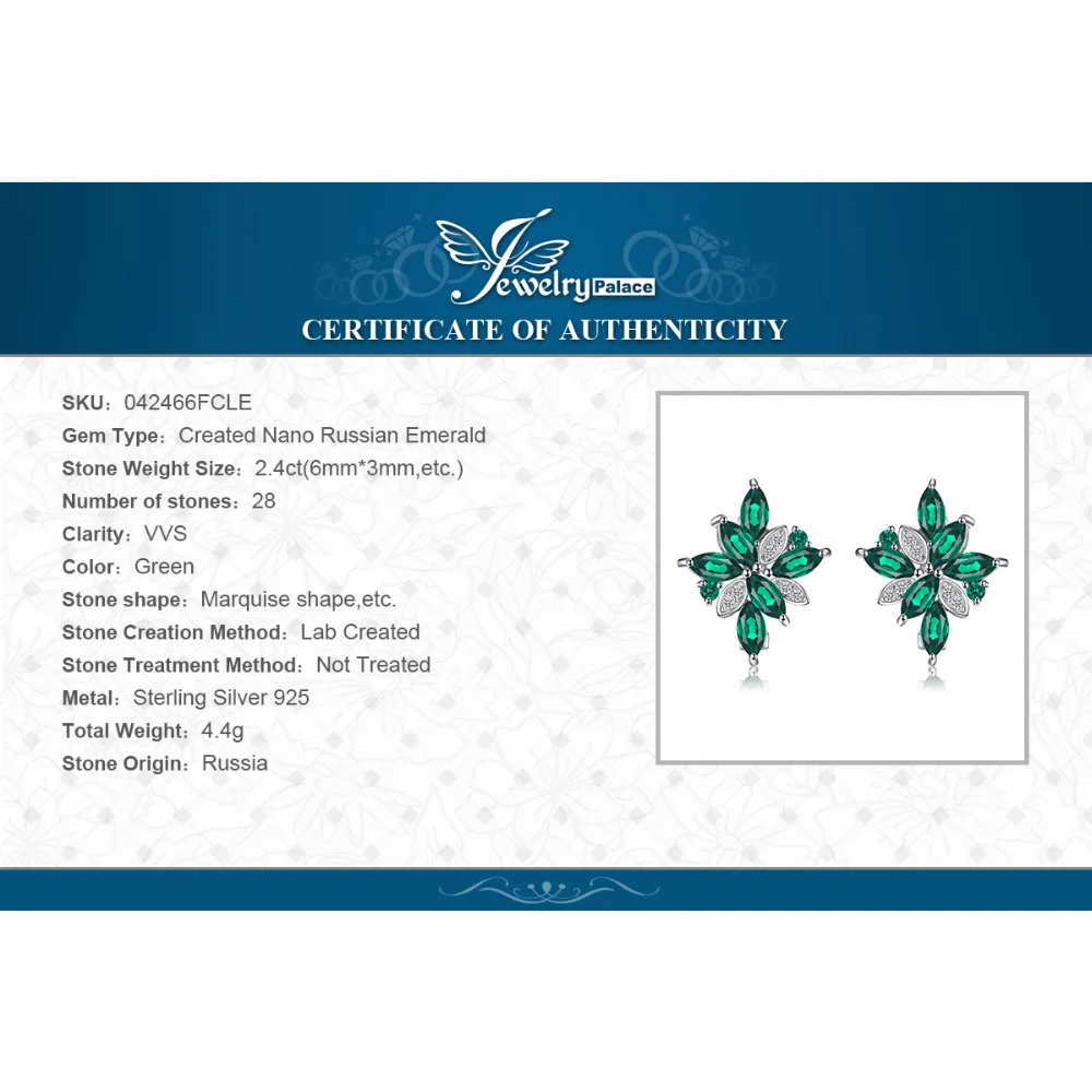 JewelryPalace Flower 2.4ct Green Simulated Nano Emerald 925 Sterling Silver Dangle Clip Earrings for Women Gemstone Jewelry - Image 6