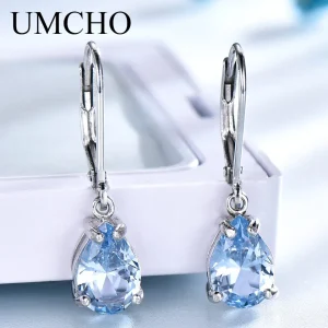 UMCHO Water Drop Created Sky Blue Topaz Clip Earrings Gemstones 925 Silver Jewelry For Women Elegant Wedding Gift Fine Jewelry