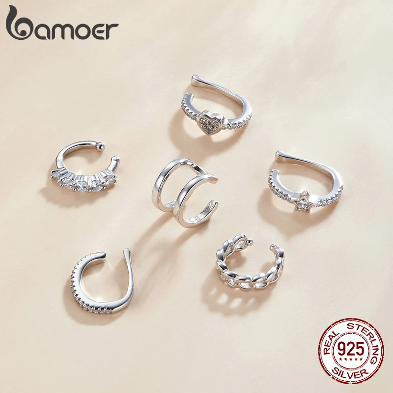 bamoer Mono-earring Silver Simple Ear Clip Earring 925 Sterling Silver Whilte Zircon Earring Gift for Girl Fine Jewelry SCE1022 - Image 4