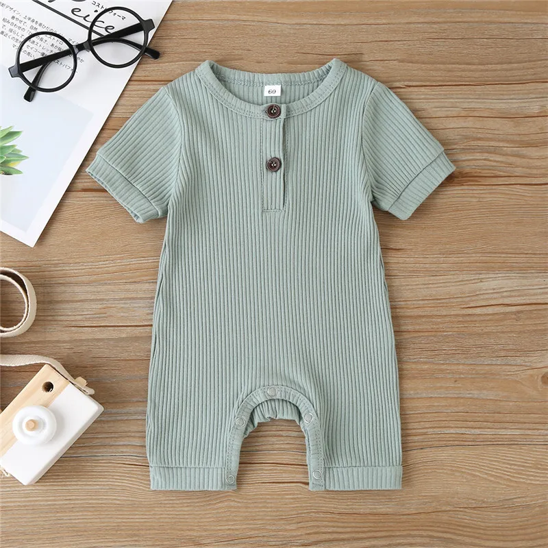 Baby Summer Clothing Infant Boy Ribbed Solid Romper Short Sleeve Jumpsuit Girl Knitted Stylish Cotton Sunsuit Newborn Bodysuit - Image 4