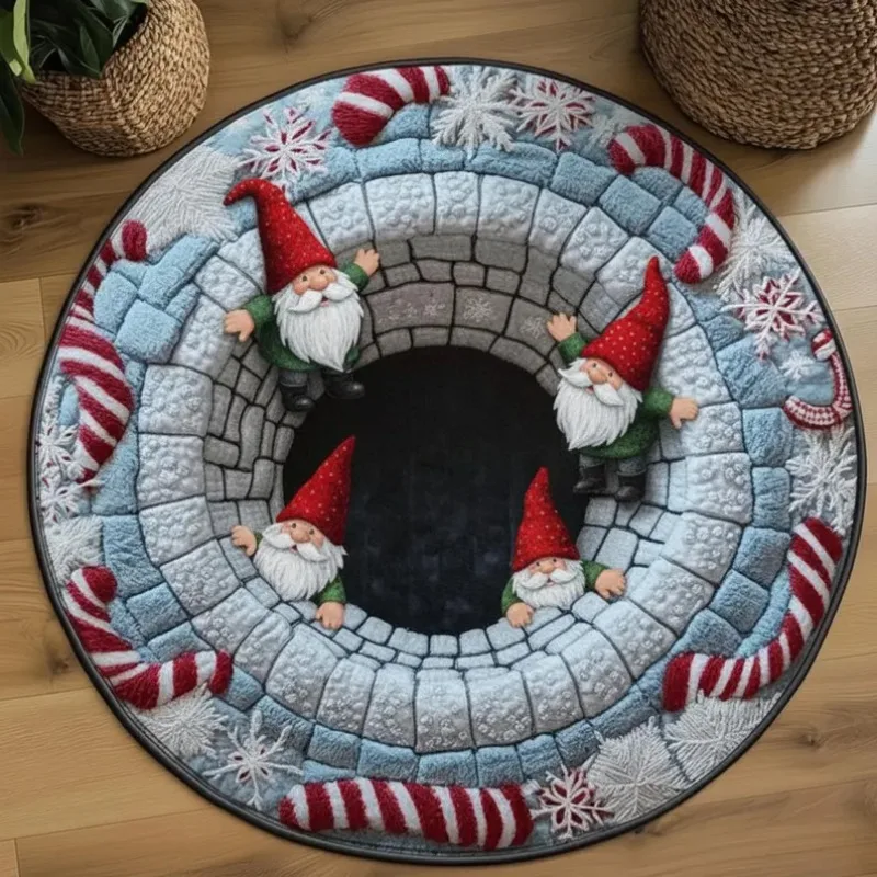 Christmas Gnome 3D Illusion Rug Festive Geometric Round Carpet Cute Nordic Gnome Floor Mat Christmas Gift Home Decor - Image 2