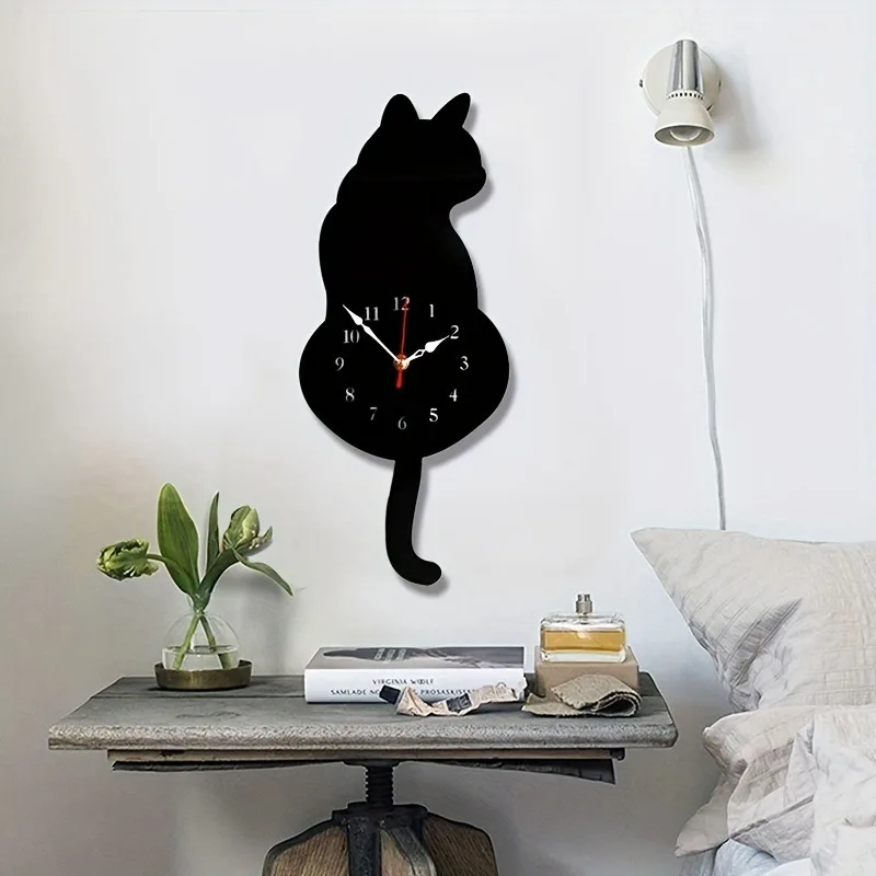 1pc Whimsical Black Cat Pendulum Wall Clock with Moving Tail - Fun and Unique Home Decor for Living Room Office Café and Bedroom - Image 2