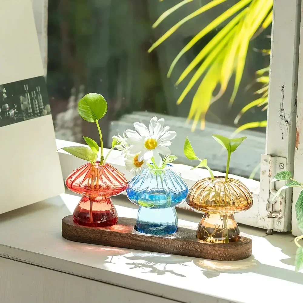 Cute Transparent Colorful Mushroom Glass Vase Propagation Terrarium for Plants & Flowers for Plant Lovers Home Office Decor - Image 5