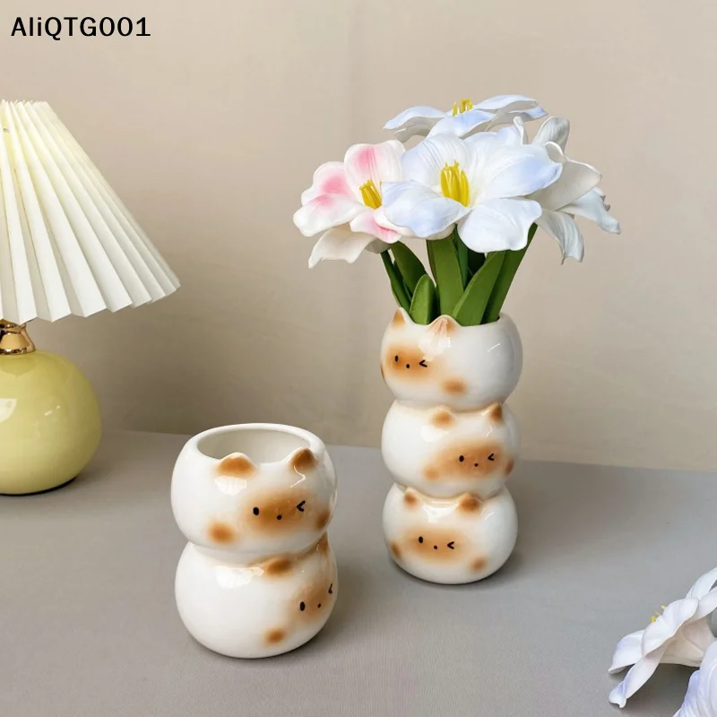 Ceramic Siamese Cat Flower Pot Living Room Bedroom Decorative Ornaments Creative Flower Arrangement Storage Holder
