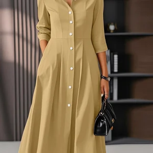 ZANZEA Woman Elegant Midi Dresses Womens Fashion 3/4 Sleeve Button Up Collared Shirtdress Autumn Commuting OL A-line Robes Femme