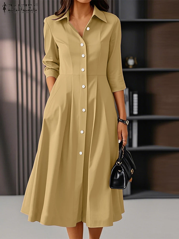 ZANZEA Woman Elegant Midi Dresses Womens Fashion 3/4 Sleeve Button Up Collared Shirtdress Autumn Commuting OL A-line Robes Femme