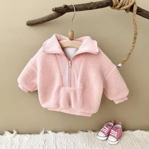 2024 Winter Baby Girls Top Infant Coats Fake Lamb Wool Fur Embroider Zippered Kids Coat Jackets Children Clothes Overcoats 0-3Y
