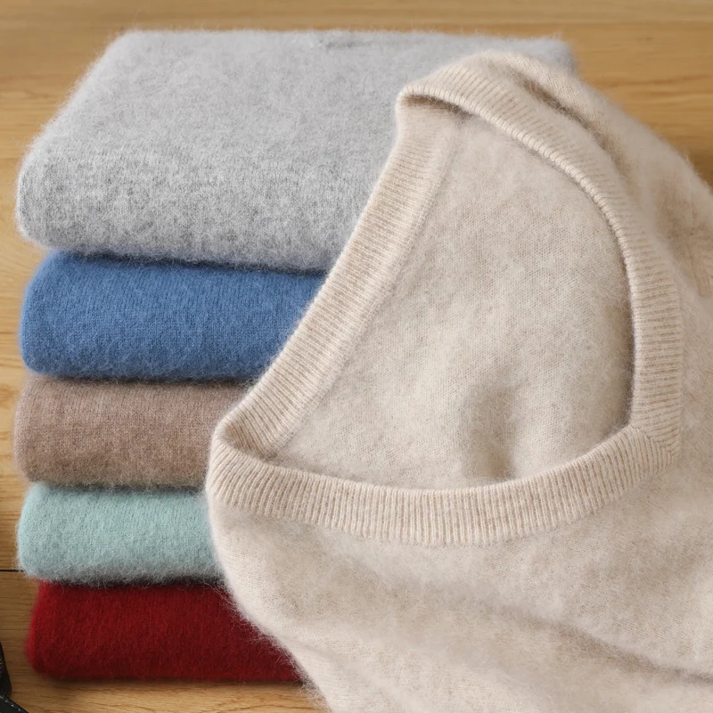 100% Pure Mink Cashmere Sweater Men's V-Neck Pullovers Knit Large Size Mink Sweater Winter New Long Sleeve High-End Jumpers Tops - Image 4