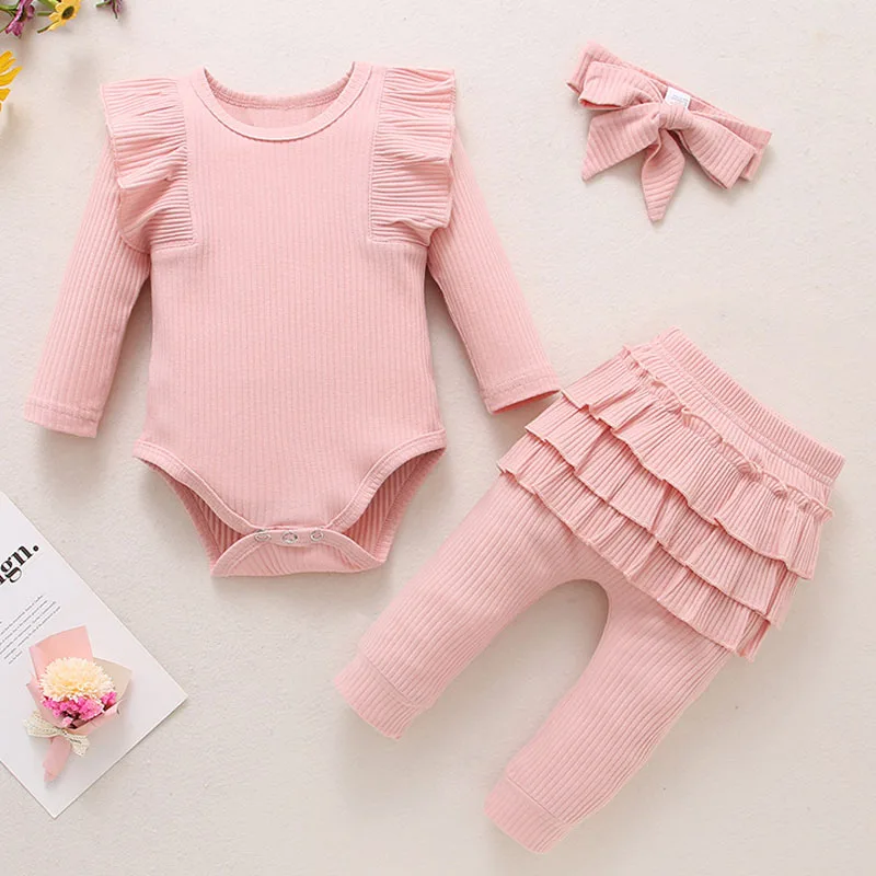 Newborn Baby Girls Clothes Infant Long Sleeve Ruffle Romper Bodysuits+Pants+Bow Headband 3Pcs Suit Children Toddler Outfit A422 - Image 2
