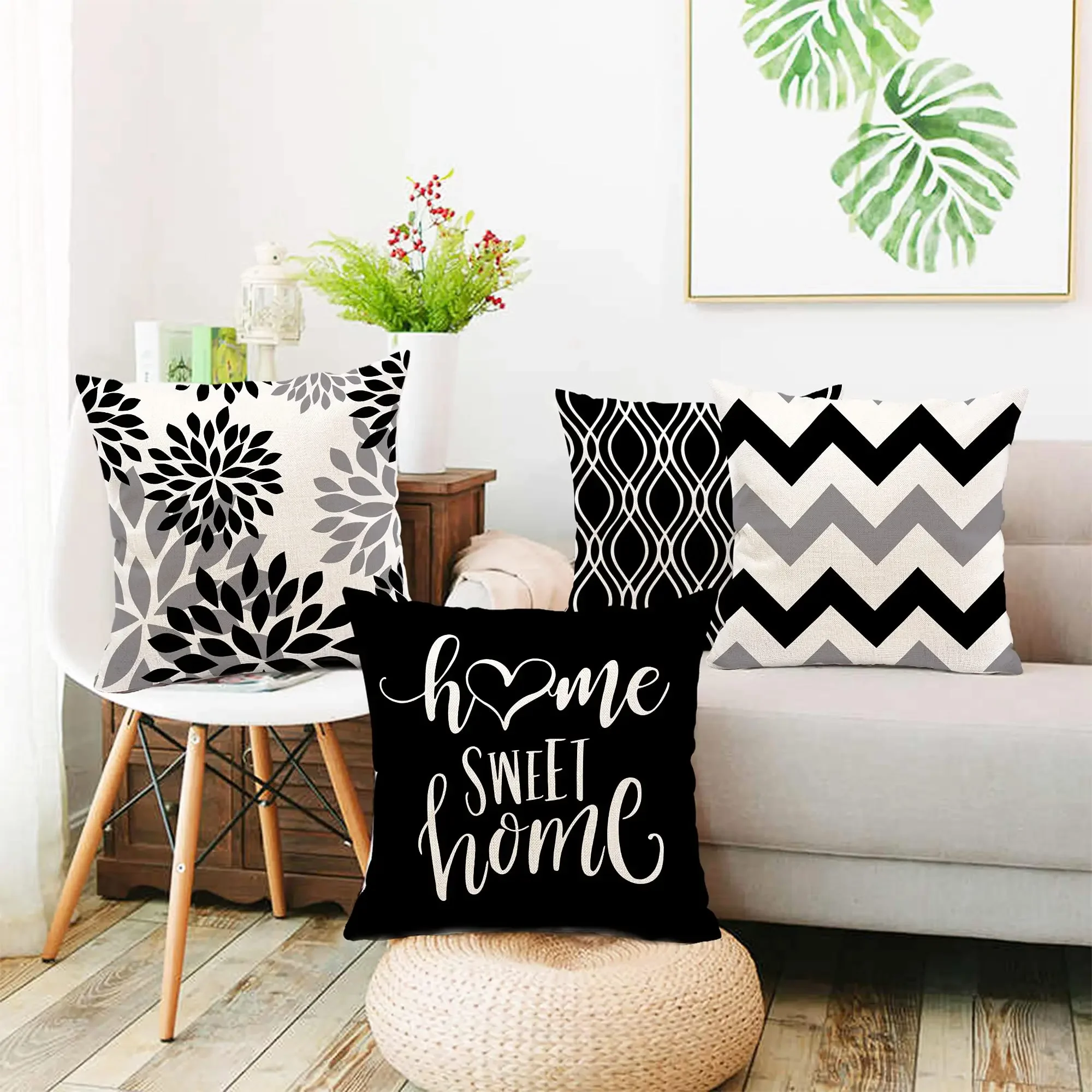 Black and white geometric linen pillowcase sofa cushion cover home decoration can be customized for you 40x40 45x45 50x50 60x60 - Image 2