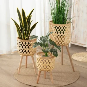 Nordic High-Legged Floor Flower Pot - Hand-Woven Rattan Wooden Planter for Indoor, Balcony & Green Ivy Plants