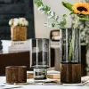Simple Retro Light Luxury Wooden Base Glass Vase Water Nourishing Flowers Transparent Glass Vase Dining Table Decoration