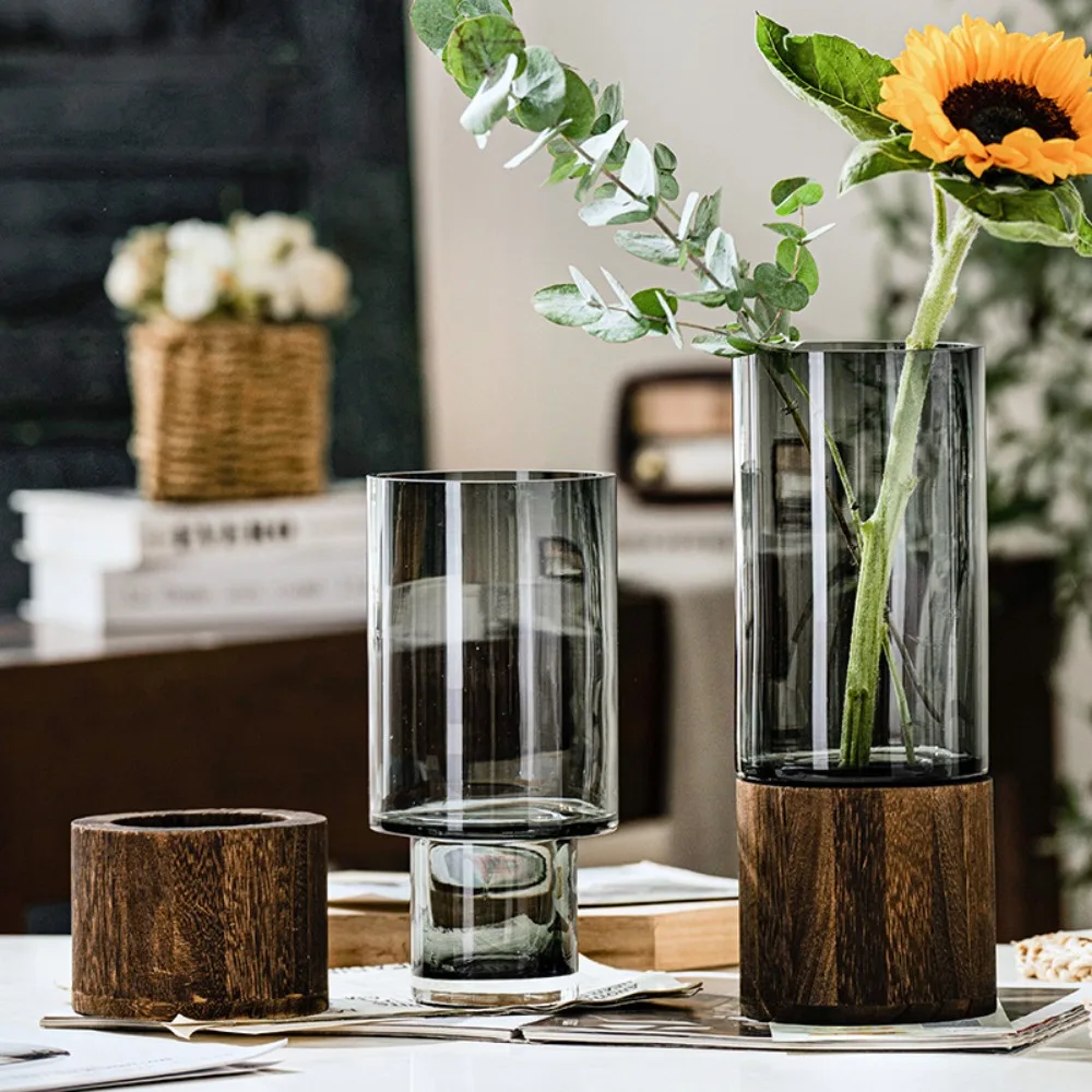 Simple Retro Light Luxury Wooden Base Glass Vase Water Nourishing Flowers Transparent Glass Vase Dining Table Decoration